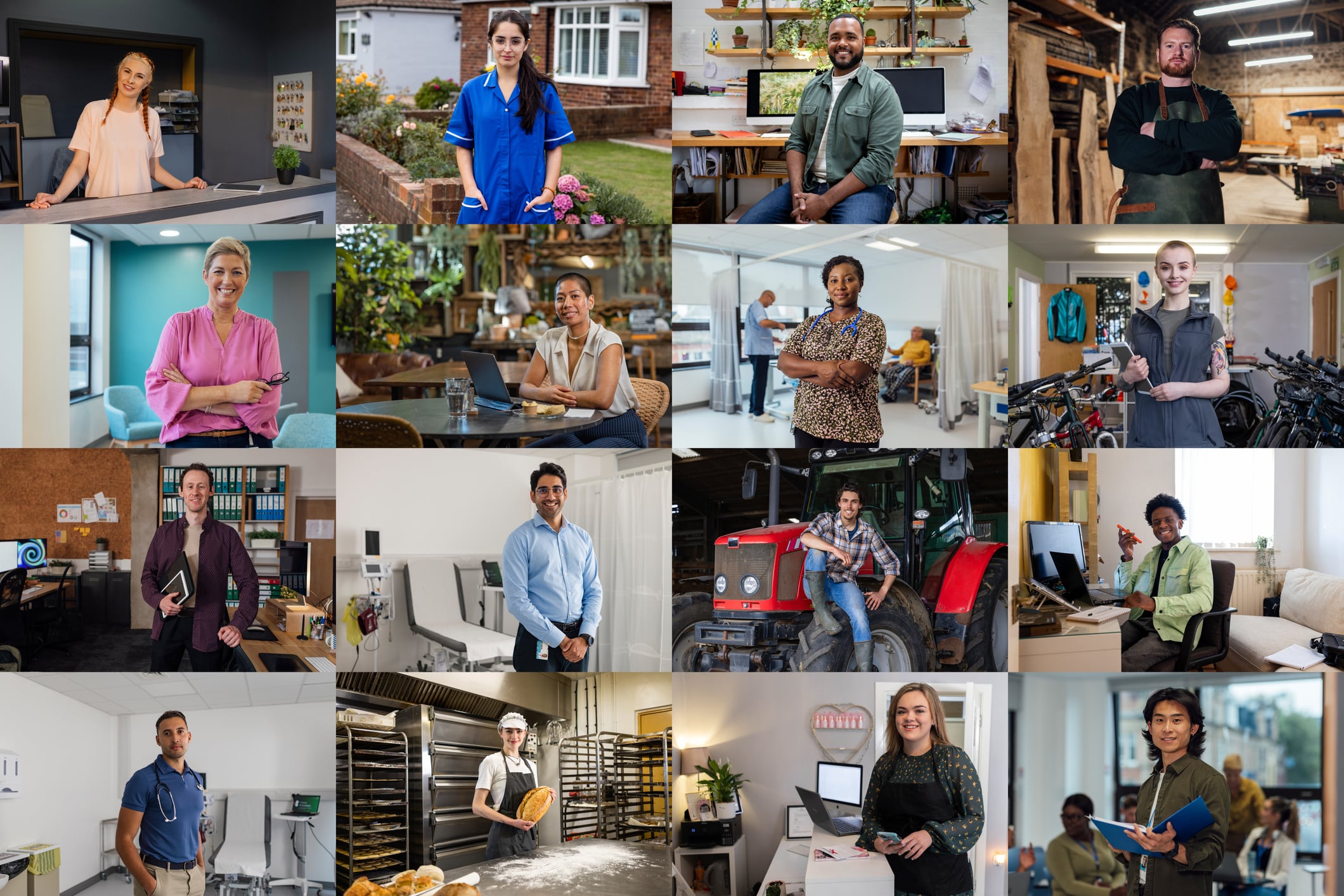 A grid of small business owners at their workplaces